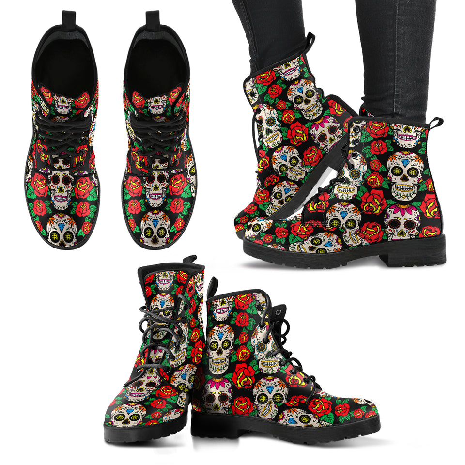 Sugar Skull Flowers, Mexican Skull, Women's Boots, Vegan Leather, Combat Style Boots, Lolita Combat Boots, Day Of The Dead