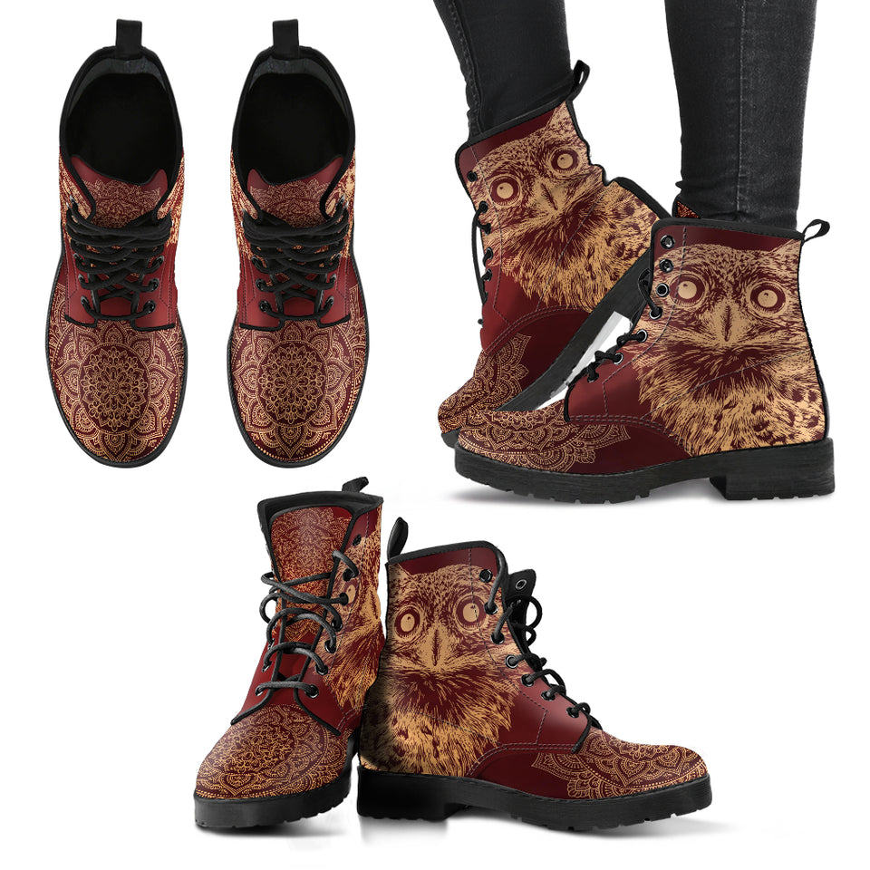 Golden Owl, Mandala, Hippie, Women Leather Boots, Streetwear, Handmade crafted, Vegan Leather, Dream Catcher, Women Girl Gift, Classic Boot