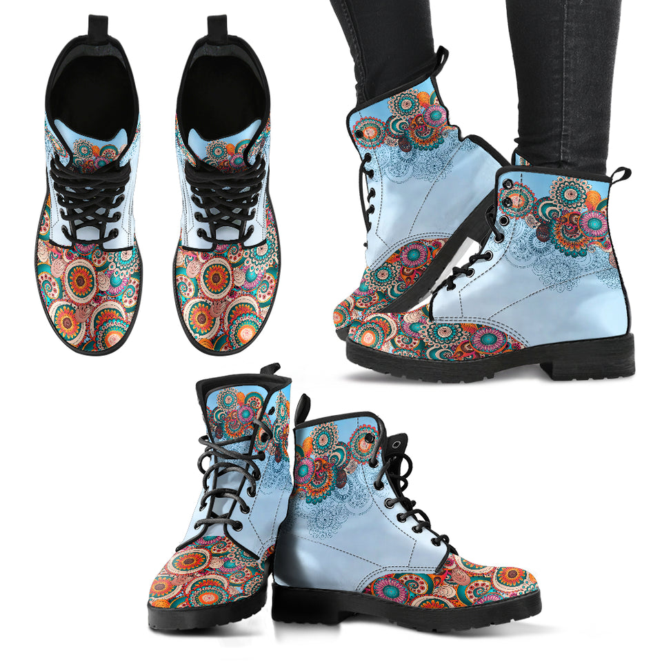 Blue Paisley Mandala, Leather Boots Women, Multicolour Mandala