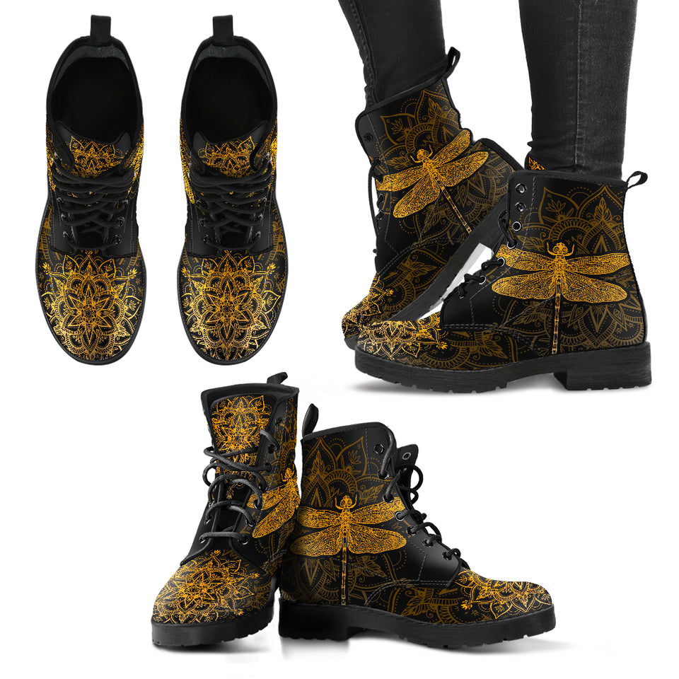 Golden Mandala, Dragonfly Boots, Hippie, Womens Leather