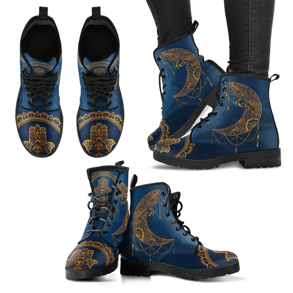 Gold Boho Moon, Blue Leather Boots, Vegan Leather, Custom Leather Boots