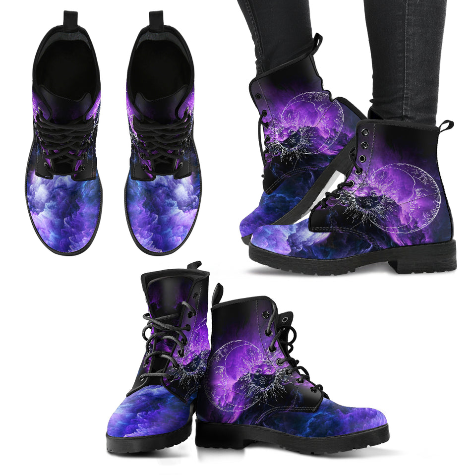 Sun and Moon Sky, Galaxy Cosmos Clouds, Women's Boots, Vegan Leather, Combat Style Boots, Purple Pink Silver, Hippie Gypsy Fairy