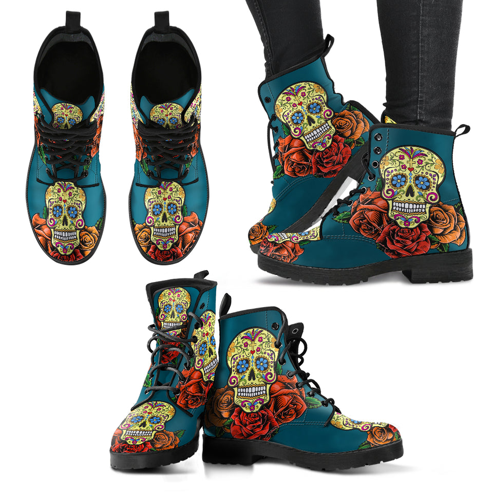 Sugar Skull Design, Womens Leather Boots, skull boots, Lace Up Boots, Winter Boots, Womens Rain Boots, Custom boots, Vegan Leather Boots