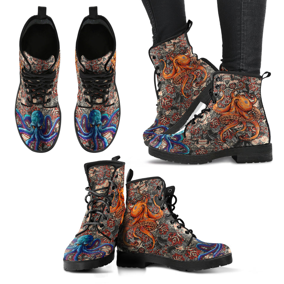 Sugar Skull Octopus, Leather Boots Women, Handmade Boots, Vegan Leather, Floral Skull, Womens Printed Shoes, Rain Boots, Streetwear
