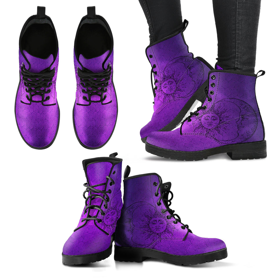 Purple Sun And Moon, Leather Boots Women, Handcrafted Boots, Vegan Leather, Sixties Mandala, Bright Colorful