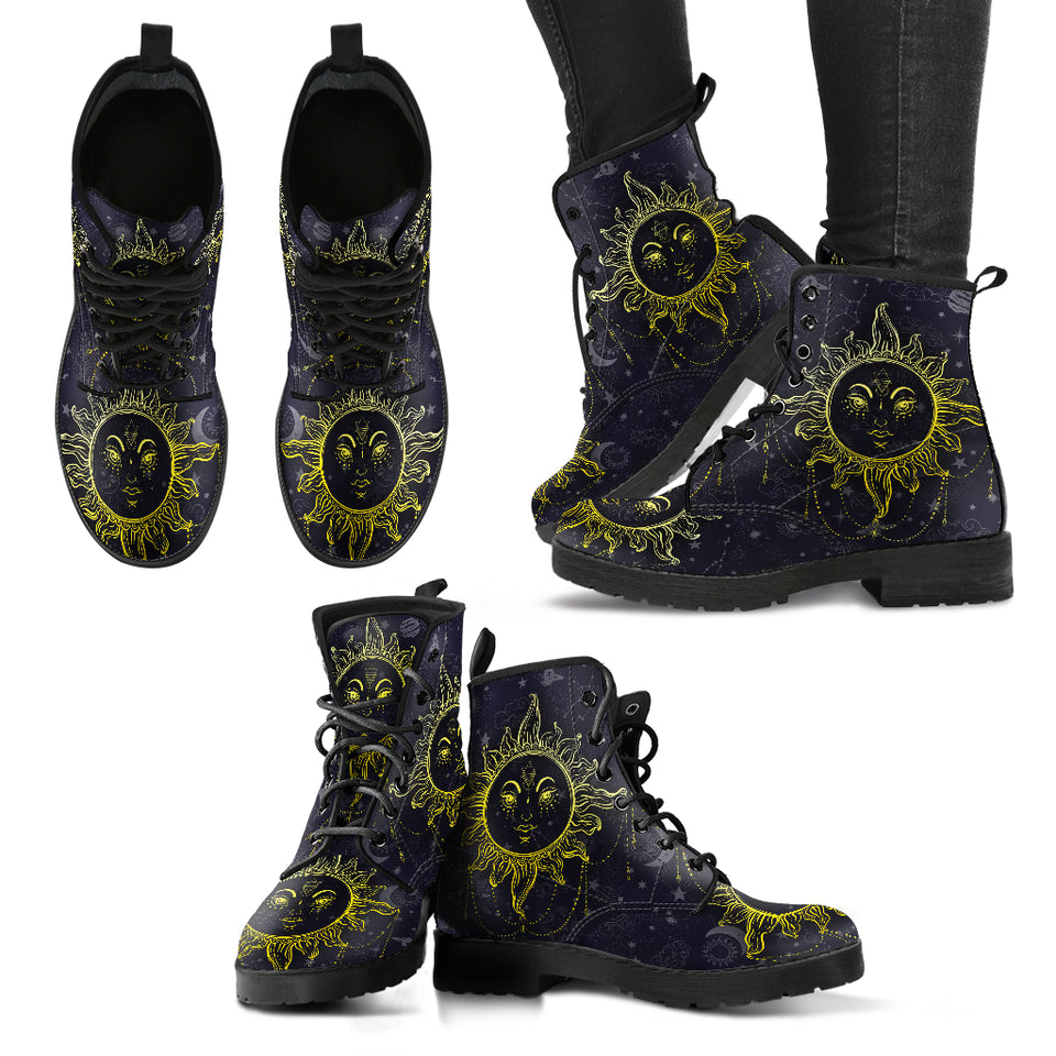Sun and Moon, Mandala Design, Women's Boots, Vegan Leather, Combat Style Boots, Namast - up lai