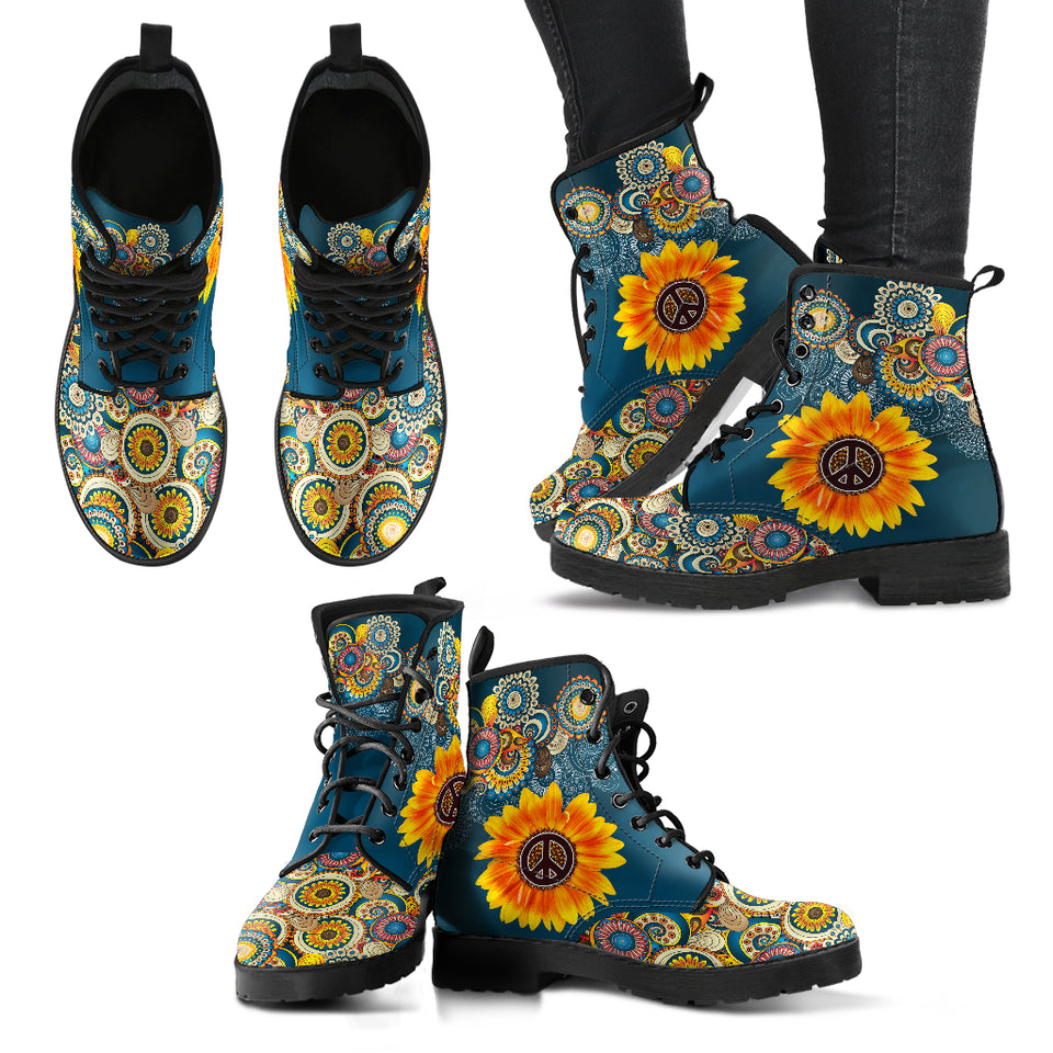 Manadala Peace Sign, Purple Black, Women's Boots, Vegan Leather, Combat Style Boots, Black Pink, 1960's 1970's, Hippie Gyspy Fairy - up lai