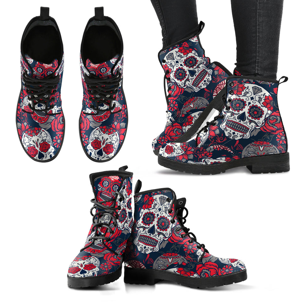 Red Sugar Skull, Dia De los Muertos, Women's Boots, Vegan Leather, Combat Style Boots, Lolita Combat Boots, Day Of The Dead