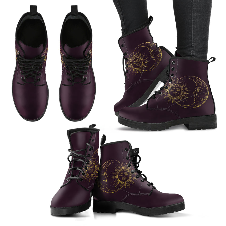 Sun Moon Mandala, Gold Burgandy Wine, Women's Boots