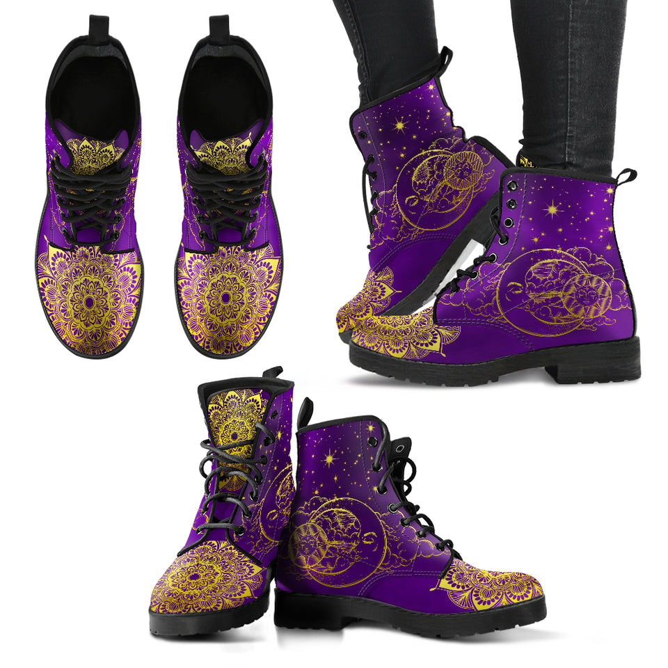 Gold Sun and Moon, Mandala Zen Spirit, Women's Boots, Vegan Leather