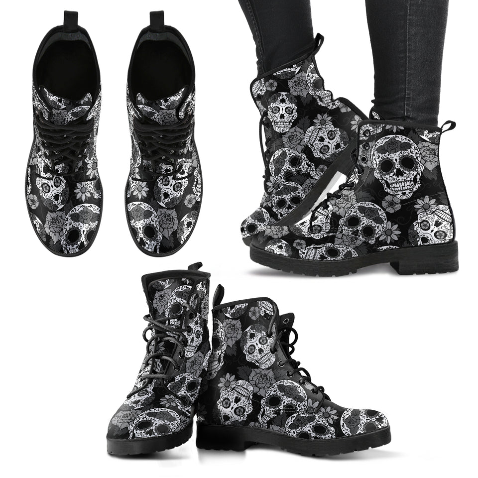 Black & White Skulls, Leather Boots Women, Vegan Leather, Floral, Handmade Boots, Hipster, Bohemian boots, Womens Printed Shoes
