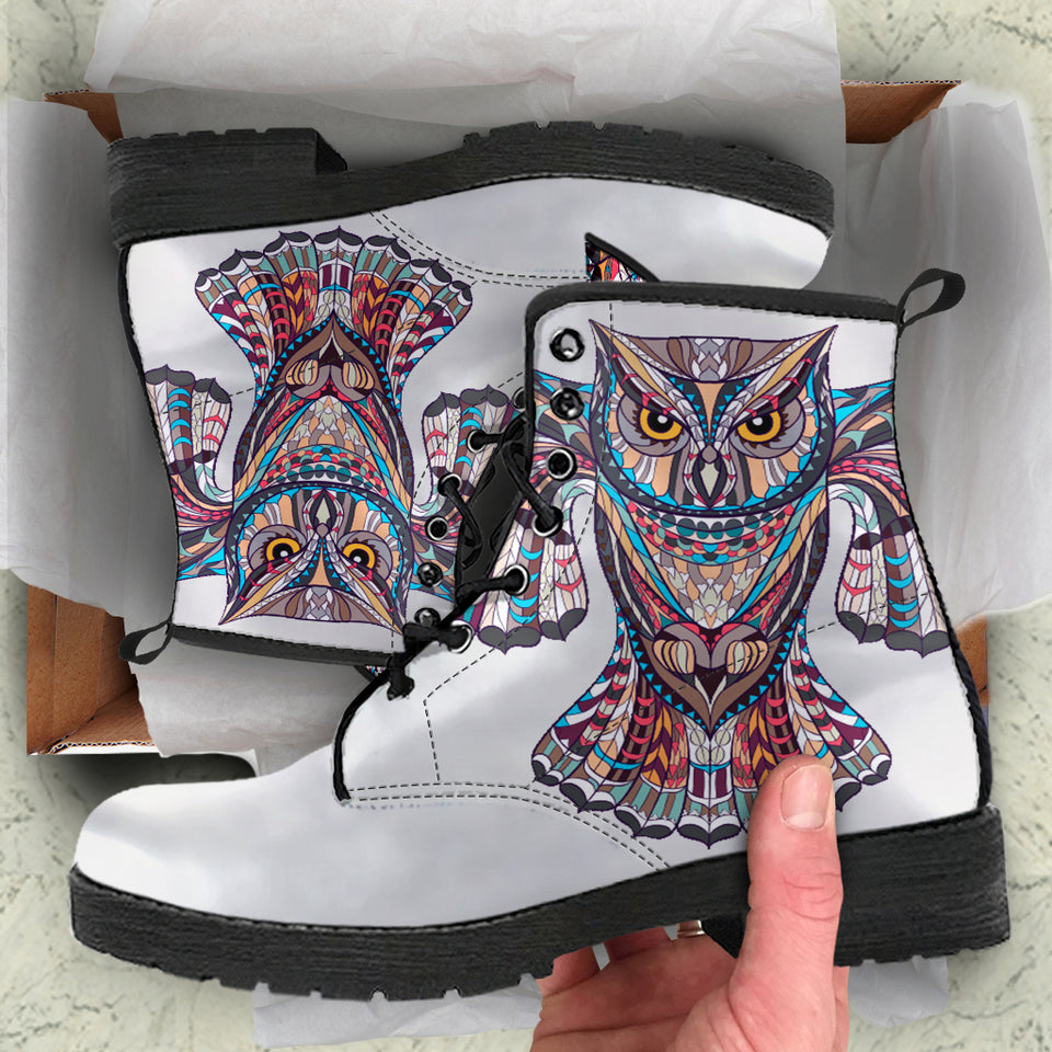 Owl Boots, Vegan Leather, Handmade Crafted, Womens Leather Boots