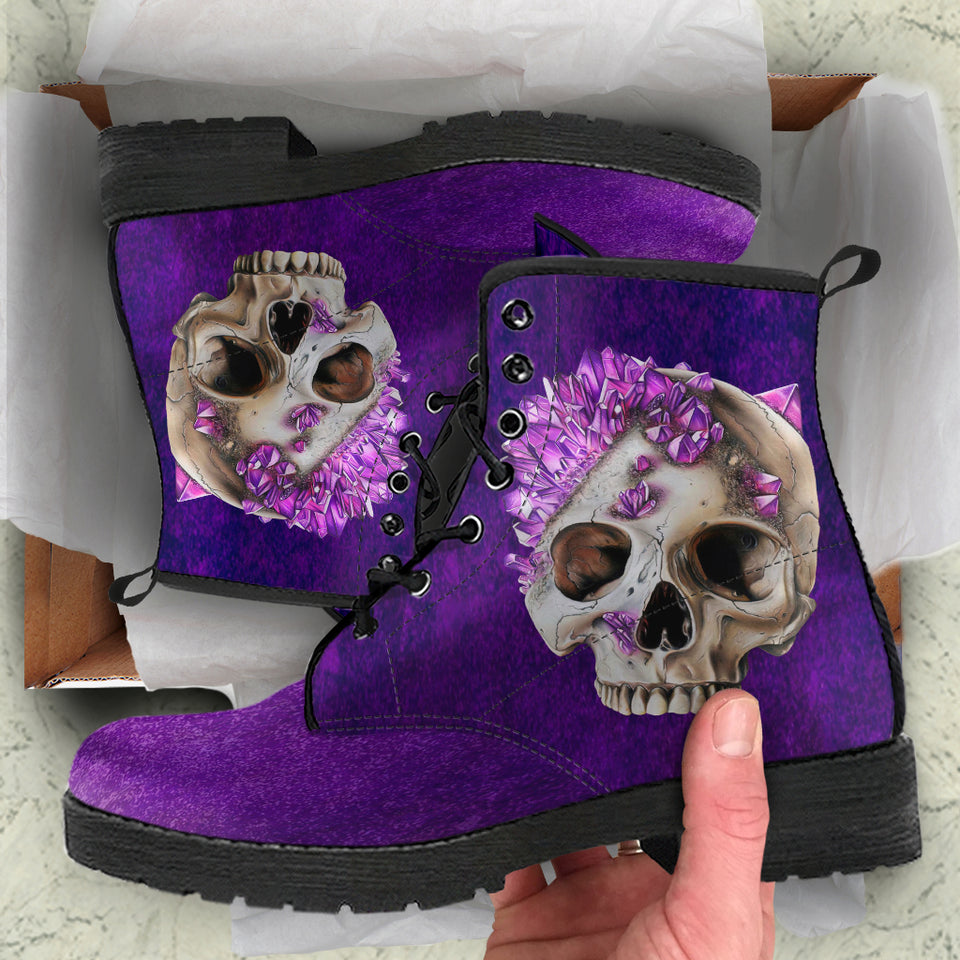 Crystal Skull, Gothic Hiking Boots, Women's Boots, Vegan Leather, Combat Style Boots, Emo Punk Boots, Goth Winter Boots
