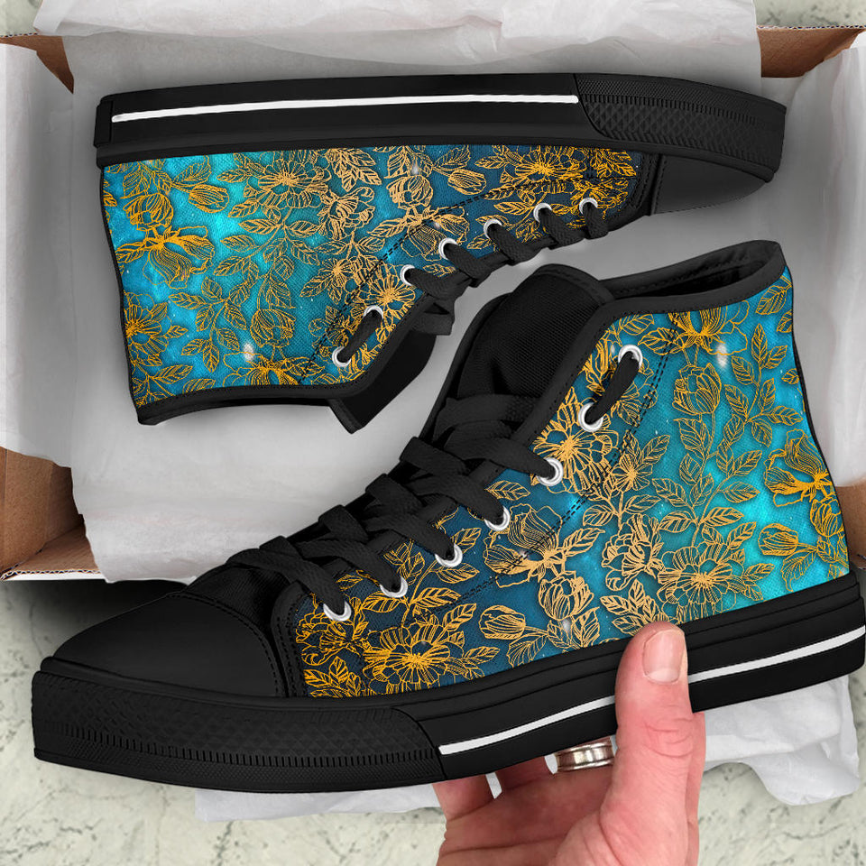 Gold Floral, Vegan Leather, Streetwear, Womens Leather Boots