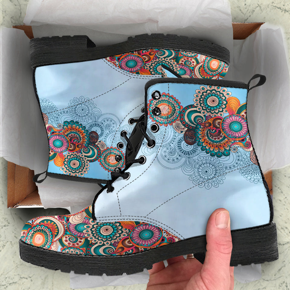 Blue Paisley Mandala, Leather Boots Women, Multicolour Mandala