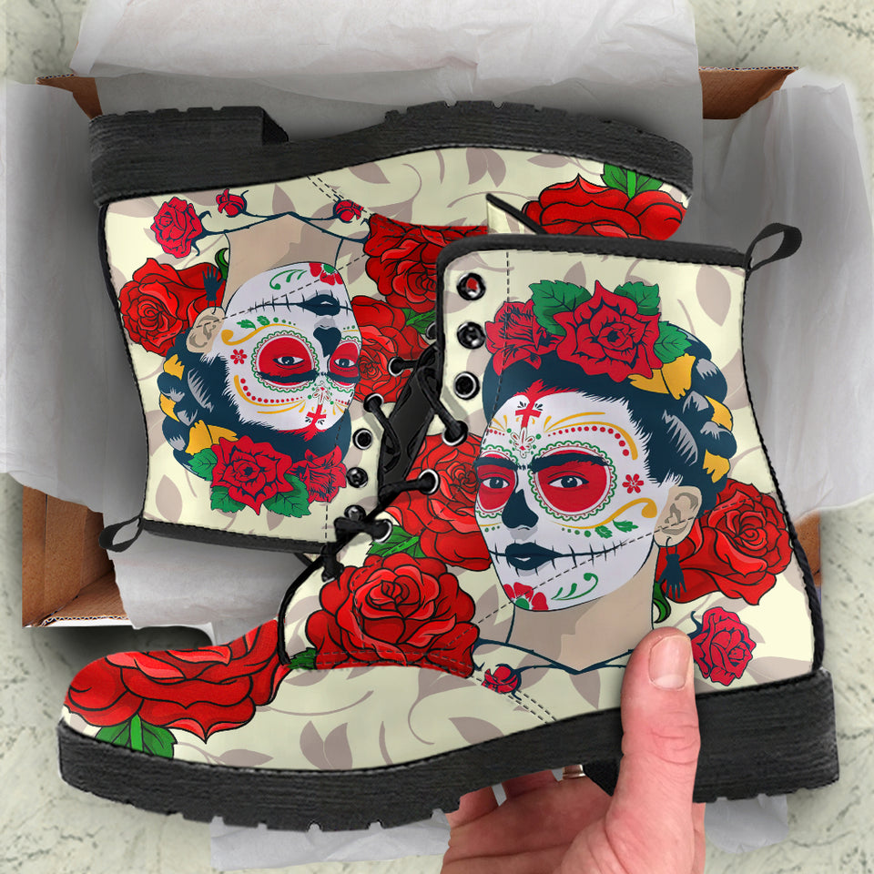Frida Kahlo Women's Canvas Boots,fgothic skull shoes,grunge boots,witchy shoes