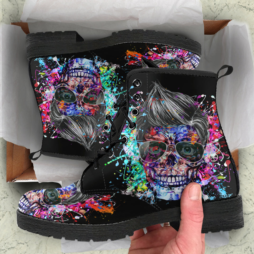 Flower Skulls, Womens Leather Boots, Vegan Leather, Handmade Crafted, Streetwear, Hippie, Floral, Festival Boots, Rain Boots, Classic Boot
