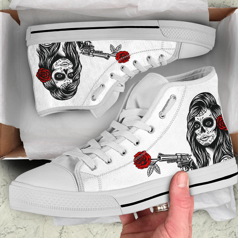 custom shoes sugar skull flowers roses pistol colour day of the dead cult gothic printed converse shoes sneakers sneakers