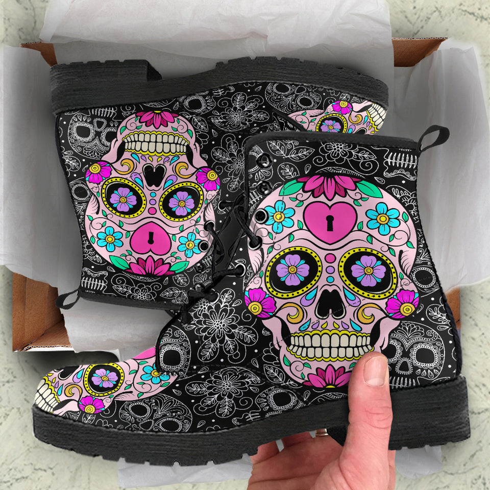 Sugar Skull Boots, Sugar Skull Shoes, Mens Womens Leather Boots, Skull Boots, Handcrafted Boots, Snow Boots Women, Rain Shoes, Womens Outdoor Boots, Ankle Booties V2