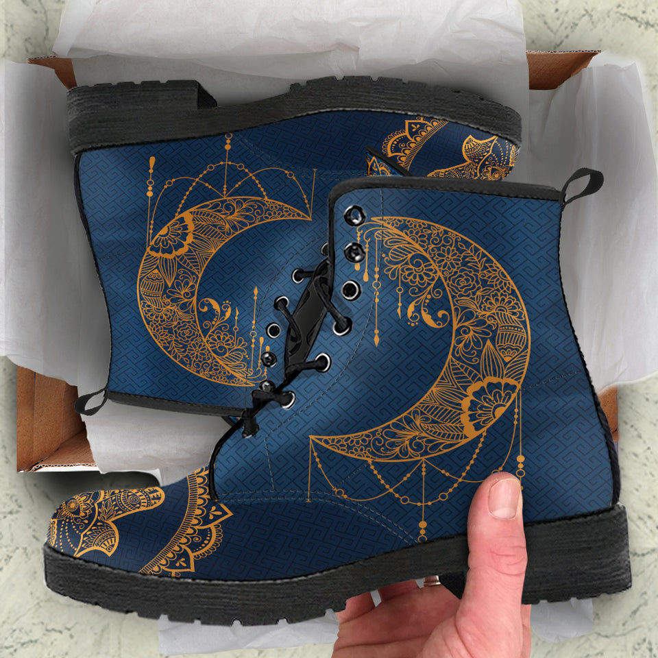 Gold Boho Moon, Blue Leather Boots, Vegan Leather, Custom Leather Boots