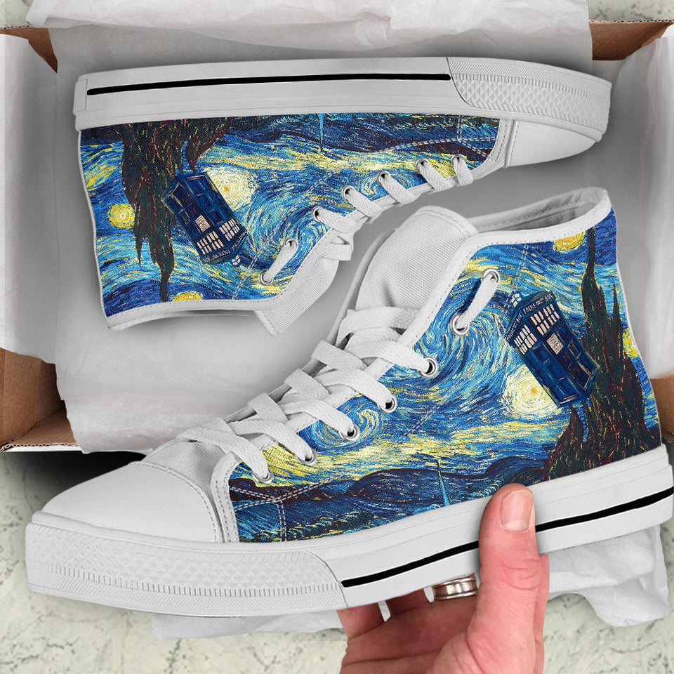 TARDIS in the Starry Night Custom Sneakers, Doctor Who Custom Shoes, Van Gogh Hand Painted Shoes