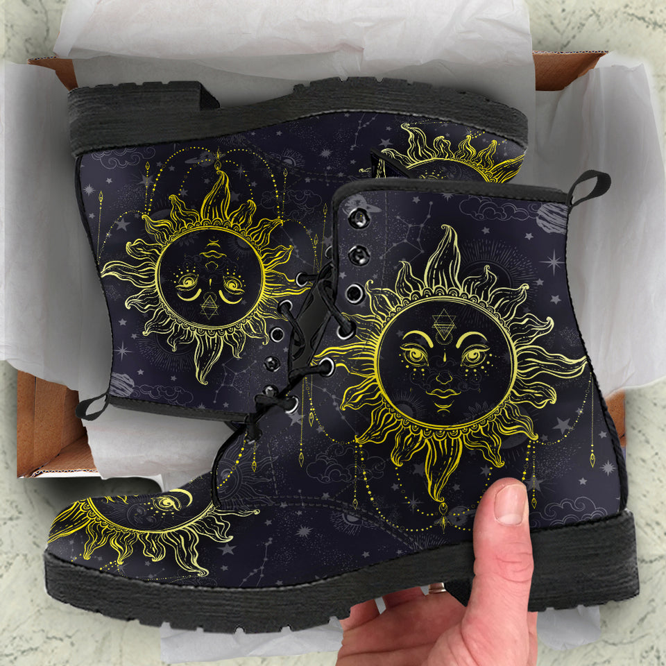 Sun and Moon, Mandala Design, Women's Boots, Vegan Leather, Combat Style Boots