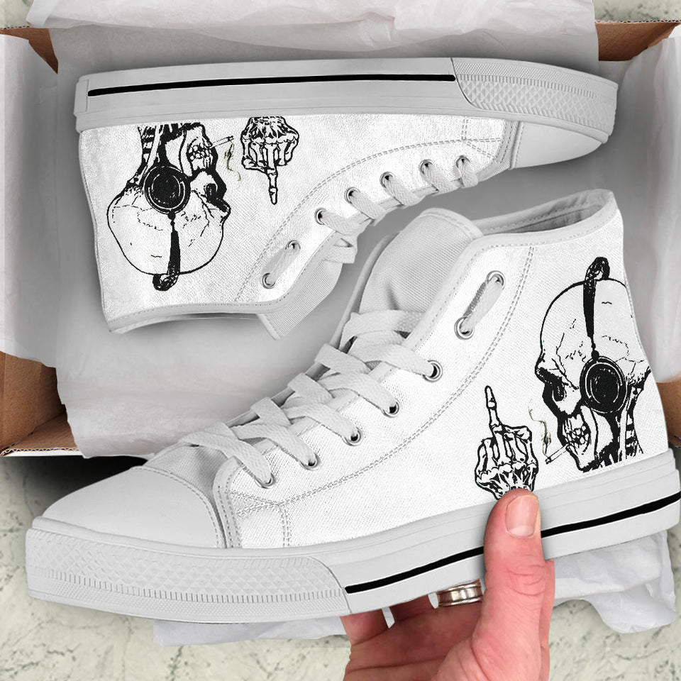 Skeleton wearing headphones up yours custom hightop converse
