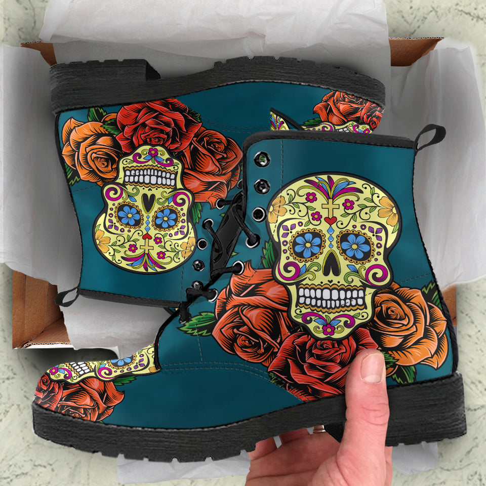 Sugar Skull Design, Womens Leather Boots, skull boots, Lace Up Boots, Winter Boots, Womens Rain Boots, Custom boots, Vegan Leather Boots