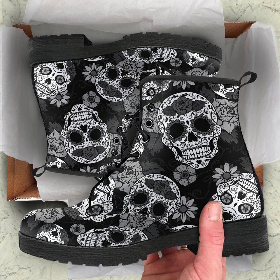 Black & White Skulls, Leather Boots Women, Vegan Leather, Floral, Handmade Boots, Hipster, Bohemian boots, Womens Printed Shoes