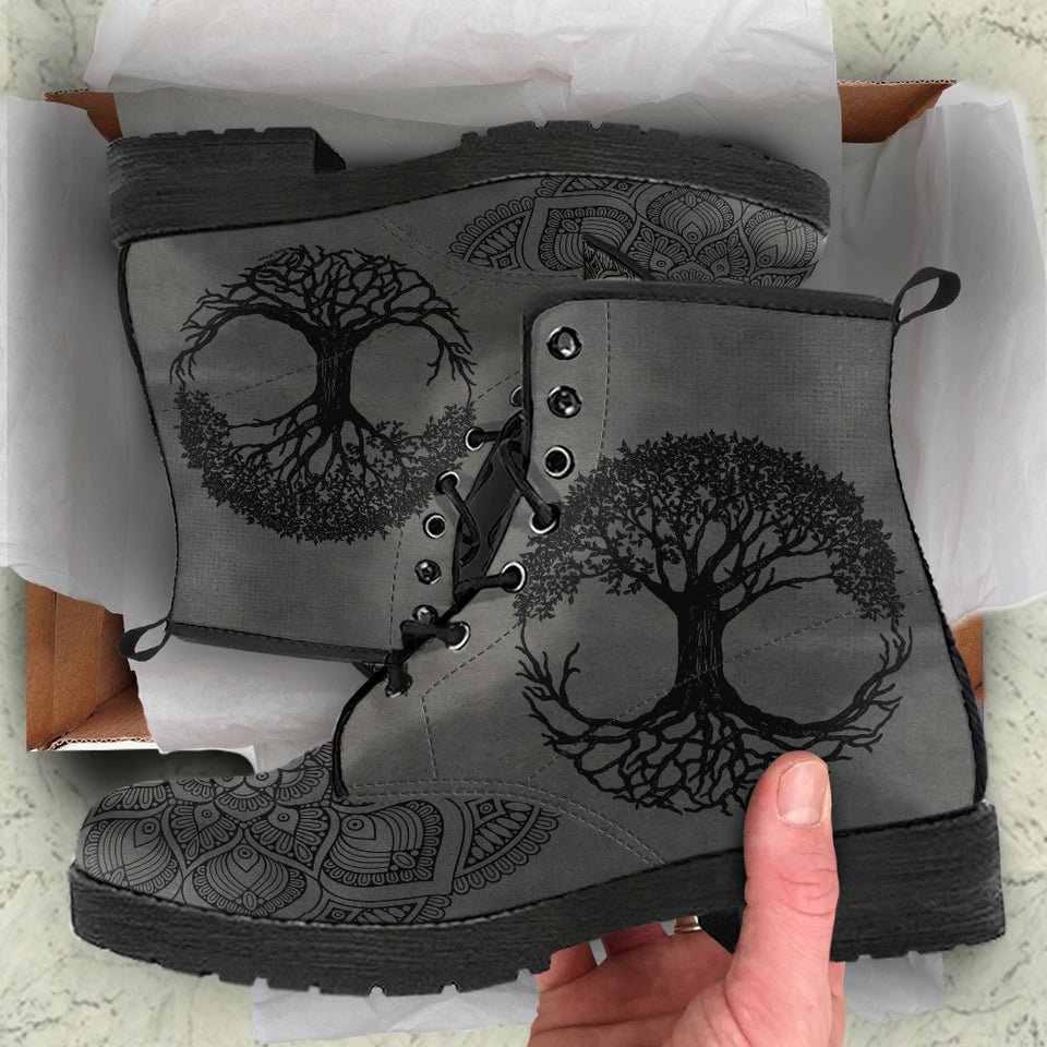 Grey Tree of Life, Handcrafted boots, Vegan Leather, ankle Boots Women