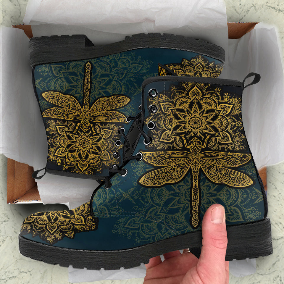 Dragonfly Boots, Golden Mandala, Womens Leather Boots, Hippie, Streetwear