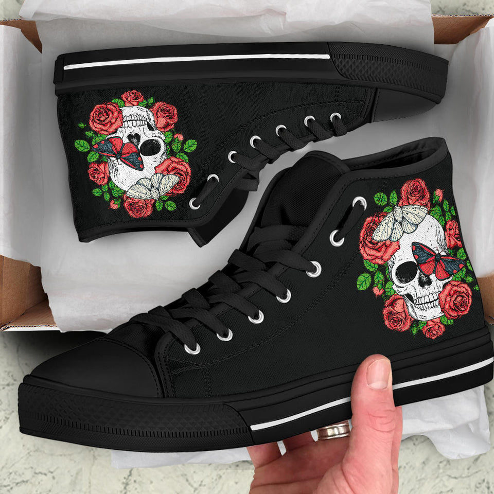 Skull and Roses, Gothic Hiking High Top Shoes - up lai
