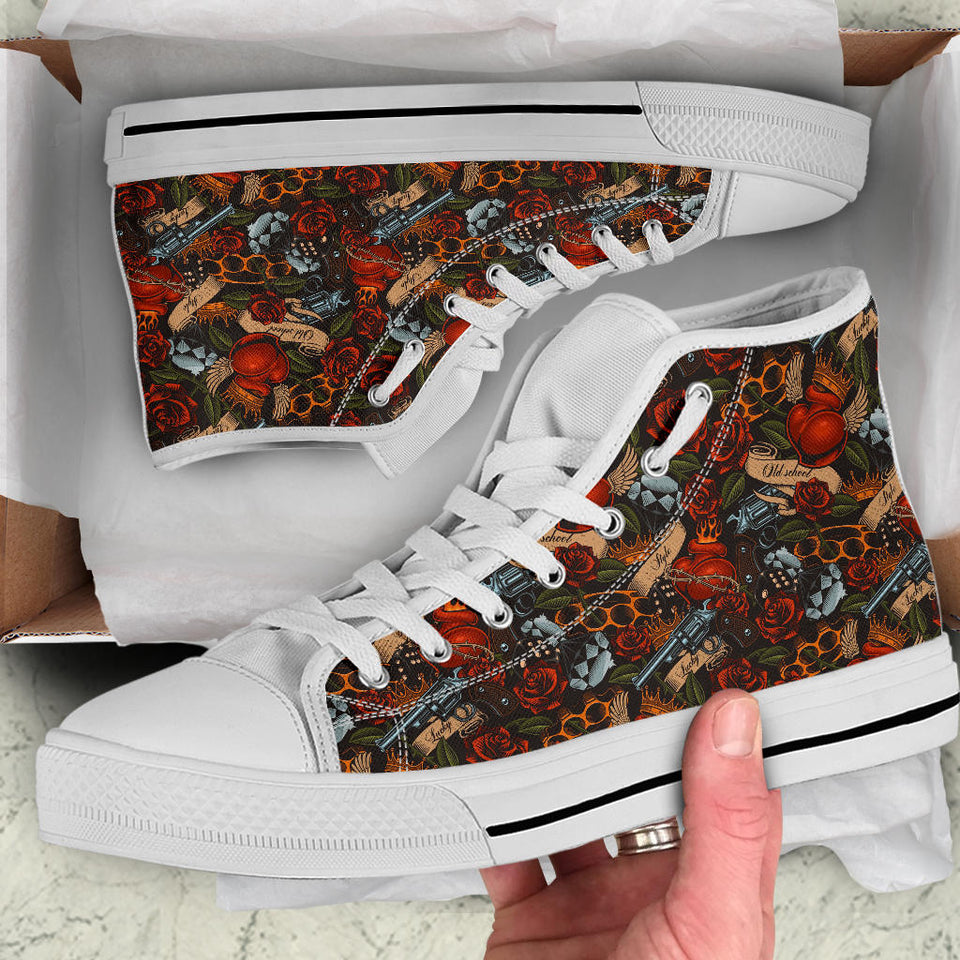 custom shoes vintage dollar bling gangtsa tattoo flowers roses colour day of the dead cult gothic guns converse shoes sneakers sneakers