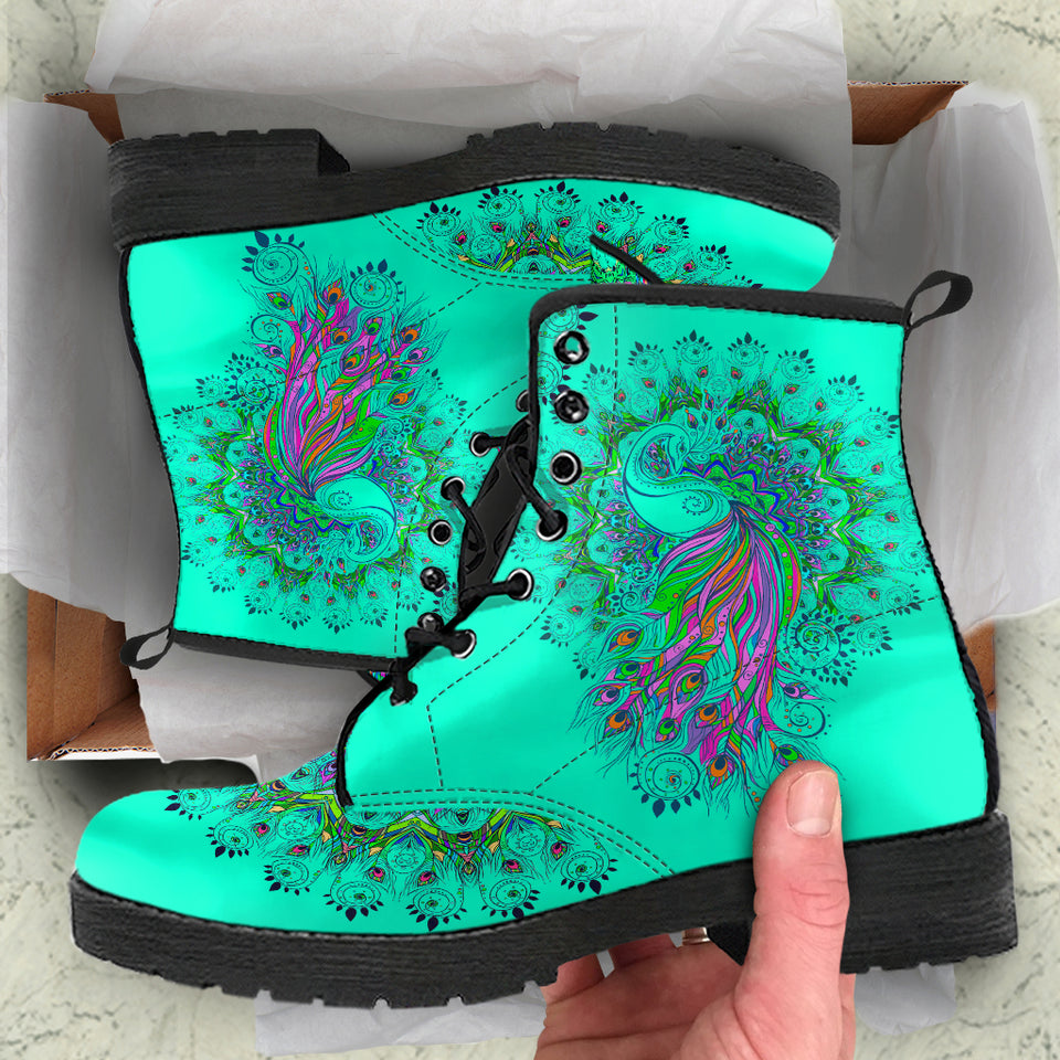 Peacock Mandala, Turquoise Teal Green, Women's Boots, Vegan Leather