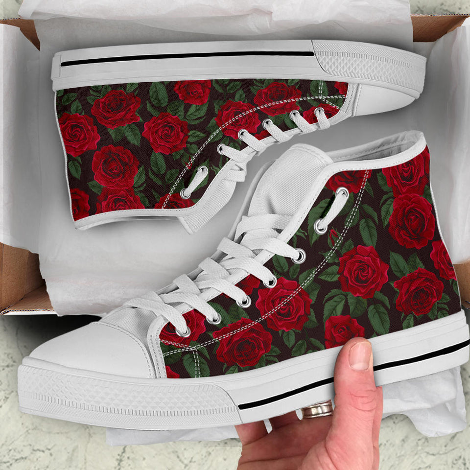 Red Roses Floral Flowers Black High Top