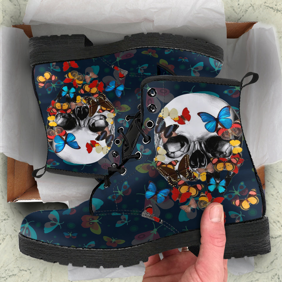 Butterfly Skull, Gothic Hiking Boots, Women's Boots, Vegan Leather, Combat Style Boots, Emo Punk Boots, Goth Winter Boots