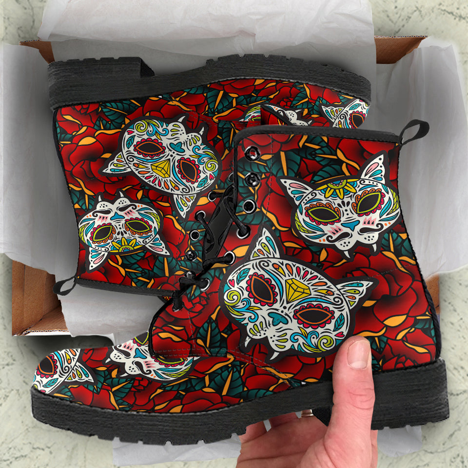 Sugar Skull Cat, Handcrafted Boots, Leather Boots Women, Floral, Vegan Leather, Multi Colored, Womens Printed Shoes, Hipster, Streetwear