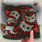 Sugar Skull Cat, Handcrafted Boots, Leather Boots Women, Floral, Vegan Leather, Multi Colored, Womens Printed Shoes, Hipster, Streetwear
