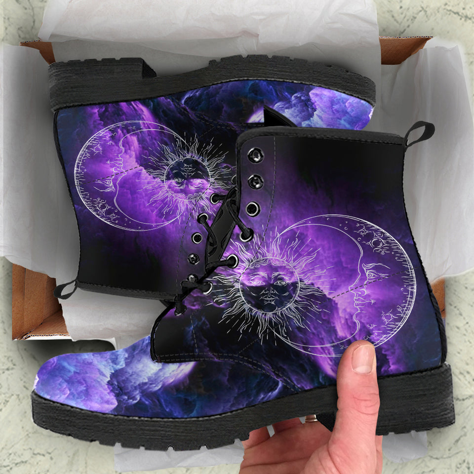 Sun and Moon Sky, Galaxy Cosmos Clouds, Women's Boots, Vegan Leather, Combat Style Boots, Purple Pink Silver, Hippie Gypsy Fairy