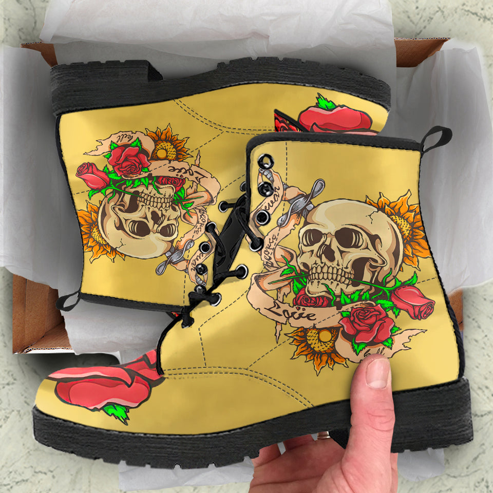Polar Boots, Sugar Skull, Women's Boots, Yellow Color, Lace Up Boots