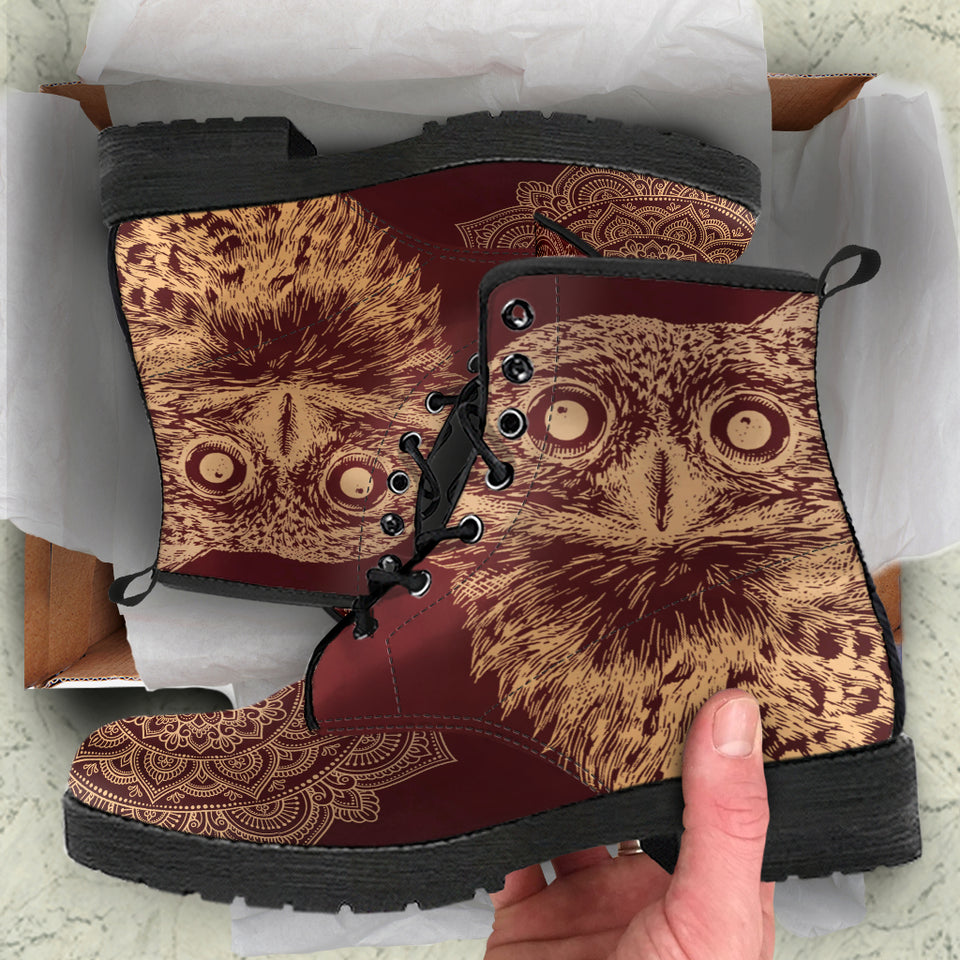 Golden Owl, Mandala, Hippie, Women Leather Boots, Streetwear, Handmade crafted, Vegan Leather, Dream Catcher, Women Girl Gift, Classic Boot