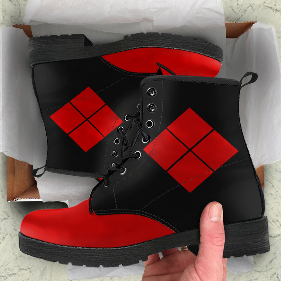 Harley Quinn Inspired Opposites Vegan Boots Left