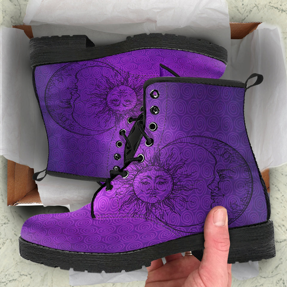Purple Sun And Moon, Leather Boots Women, Handcrafted Boots, Vegan Leather, Sixties Mandala, Bright Colorful