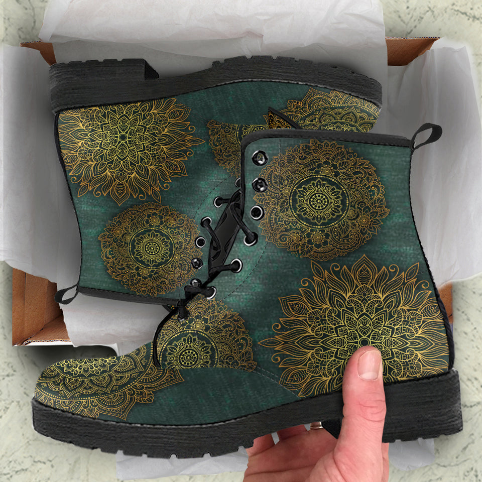 Green Mandala Boots, Leather Boots Women
