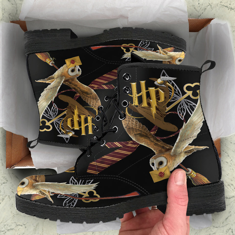 Wizard Inspired Ladies Lace Up Boots, Black, Owl, Festival