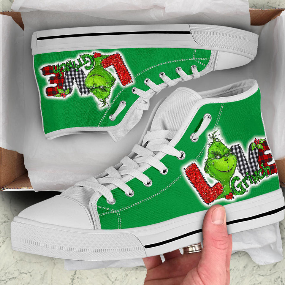 Peace Love Grinch Custom Hi Tops, Merry Christmas Custom Shoes (xanh)