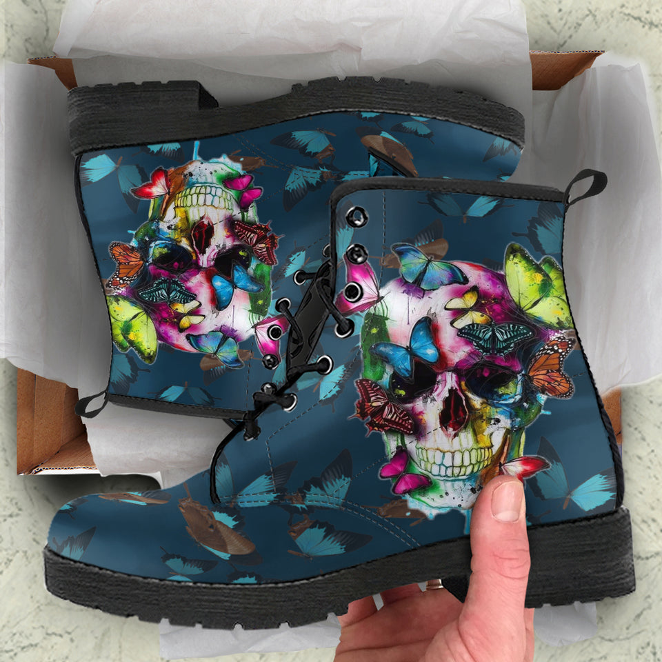 Colored Butterfly, Sugar Skull, Vegan Leather, Leather Boots Women
