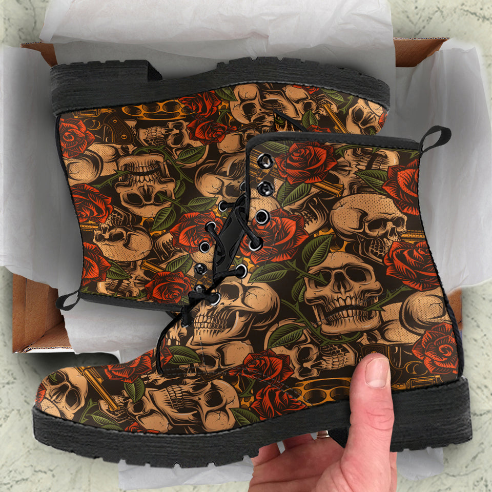Flower Skull, Womens Leather Boots, Vegan Leather, Floral, Handmade Crafted, Hippie, Lace up Boots, Rain Boots, Classic Boot