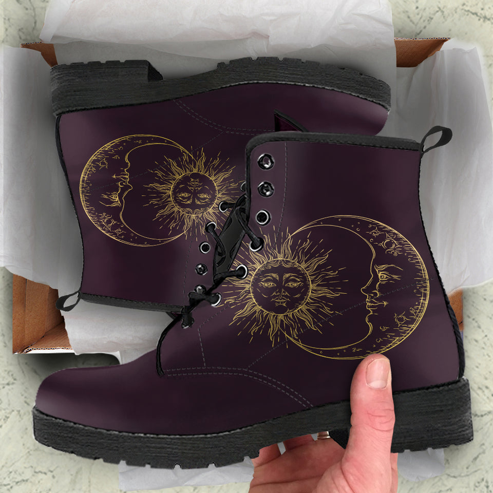 Sun Moon Mandala, Gold Burgandy Wine, Women's Boots