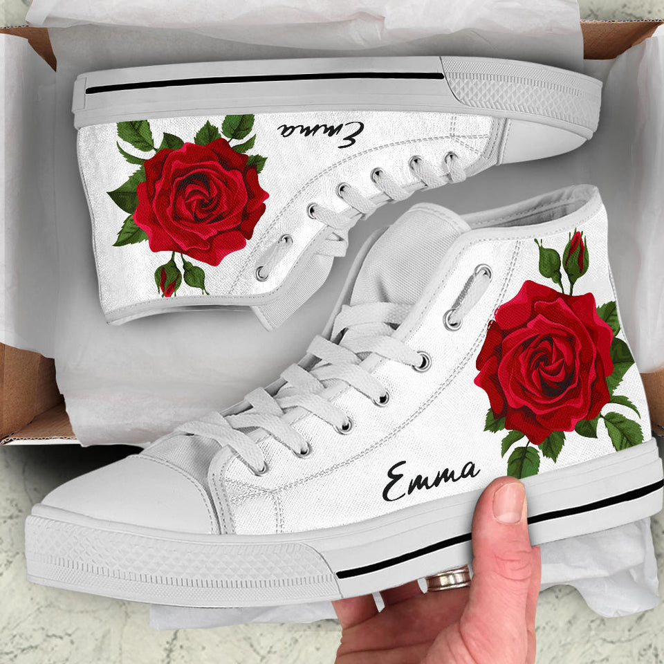 Red Rose Shoes, Rose Print Sneakers, Rose Shoes, Custom High Tops Sneakers For Adults Women & Girls
